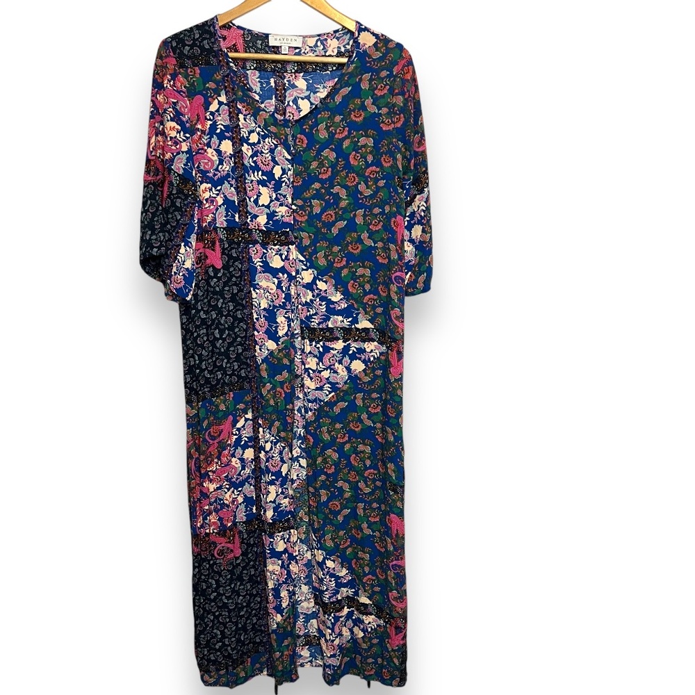 Hayden Los Angeles Colorful Floral Long Boho Duster‎ Bell Sleeve Patchwork Small
